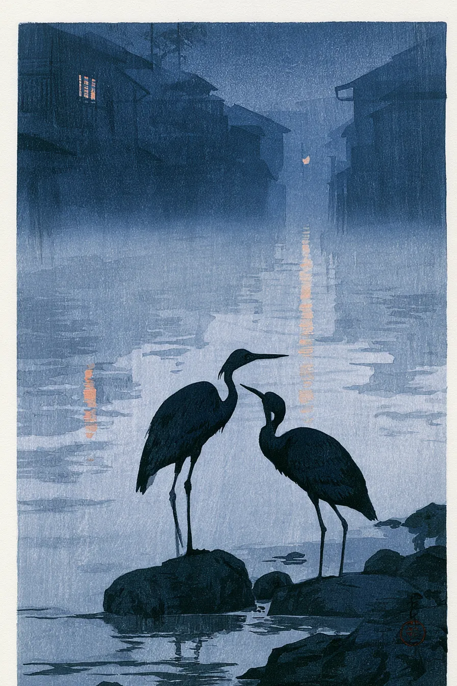Pre-dawn Kamogawa river: wet-slate water, two one-footed herons on stones, mist hanging like a held breath, the narrow P