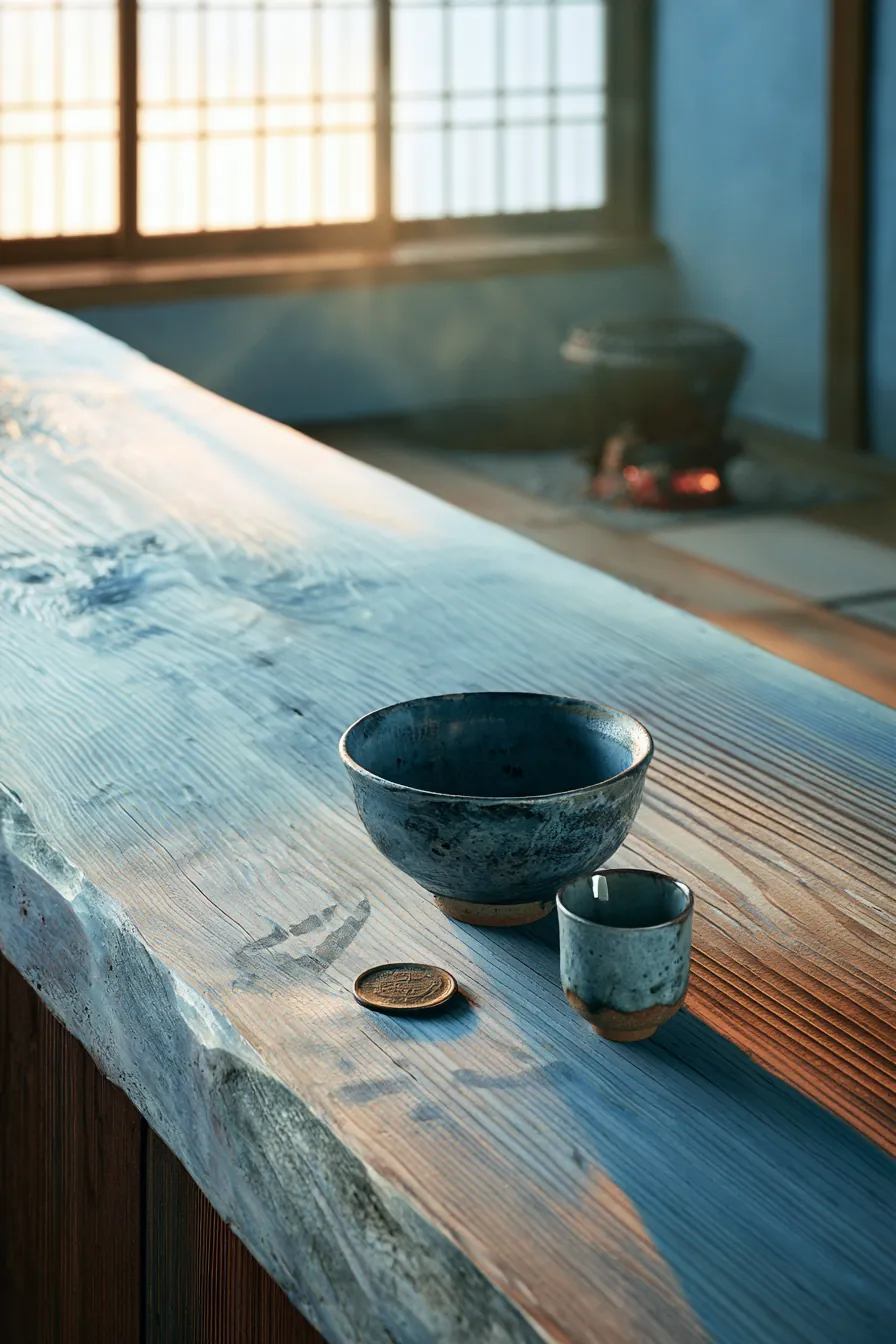 Teahouse counter at dawn: a single Kan'ei coin on unfinished hinoki wood catching first green-tea light through a low sh