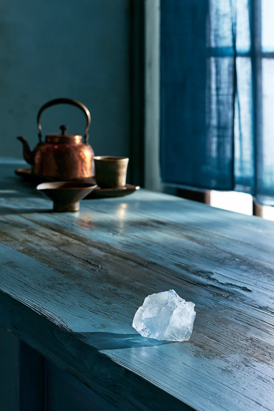 Teahouse counter at morning light: a single ice flower — white crystalline, thumb-sized — resting on the bare hinoki cou