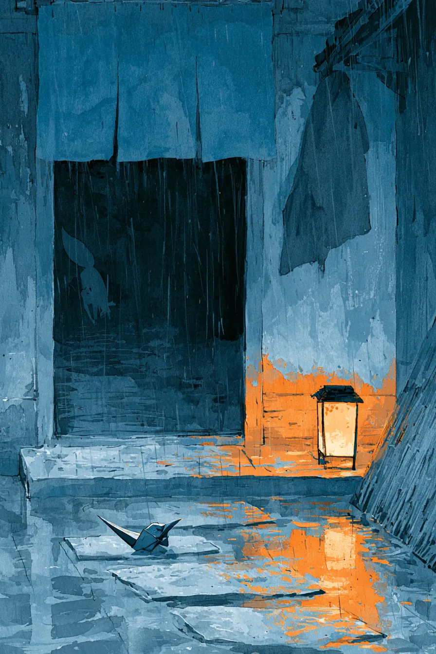 Rain-slick alley at closing: a small sparrow-shaped paper-warded drone fallen on the third entry stone of a teahouse gen