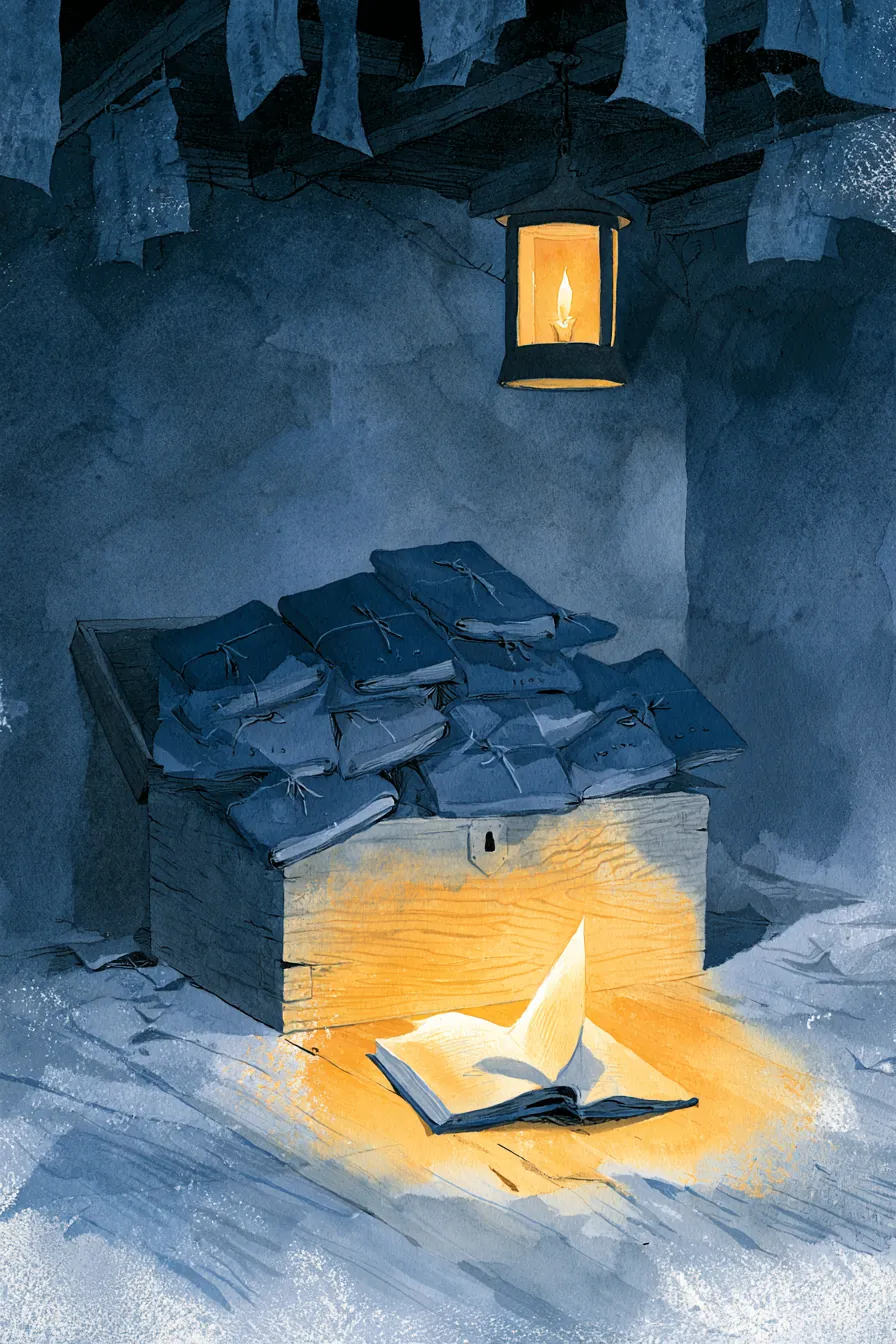 Cellar at lantern-light: forty dark-blue cloth diary volumes stacked in a cedar chest, their slim cotton ties and brushe