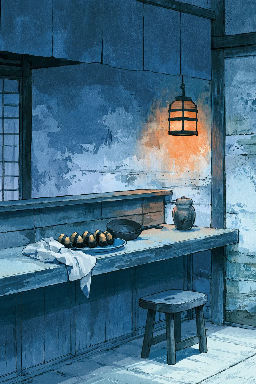 Teahouse back counter, morning: six inari-zushi in a row on a plain blue ceramic plate, covered by a folded white cloth,