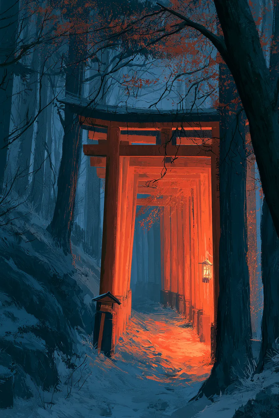 Upper Fushimi Inari at dusk: an aging vermillion senbon torii tunnel fading to persimmon-brown, deep cedar quiet on the 