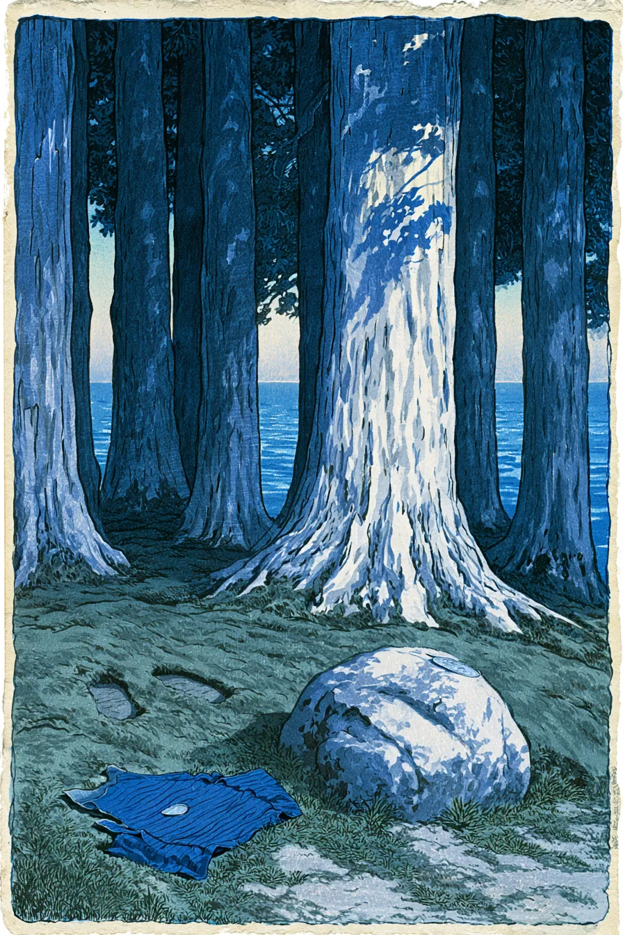 Inner cedar grove of seven trees on an island, late afternoon: damp moss floor with two faint kneeling impressions, a fo