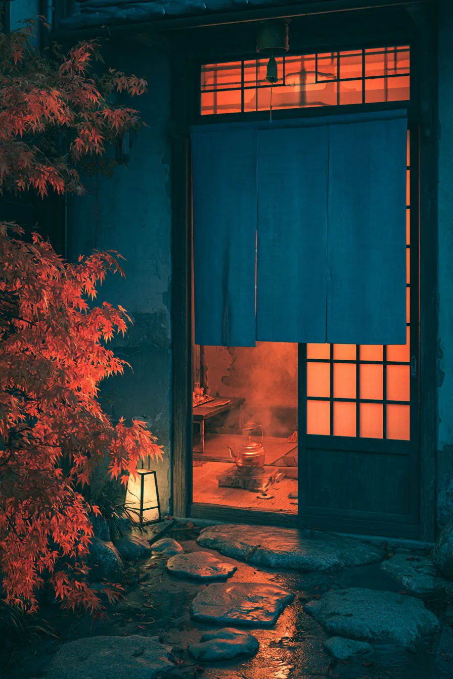 Pontocho teahouse threshold at autumn equinox night: a small brass bell on the doorframe caught mid-ring on its own, iro