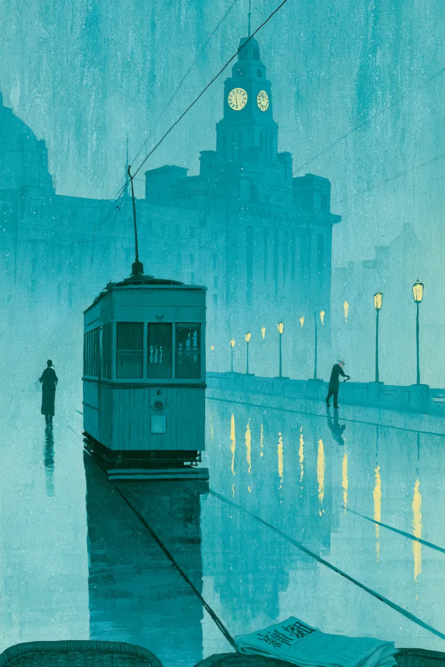 A wooden Bund tram halted at dusk on Sichuan Road, gas-lamp lighter's silhouette moving along the seawall lighting a cha