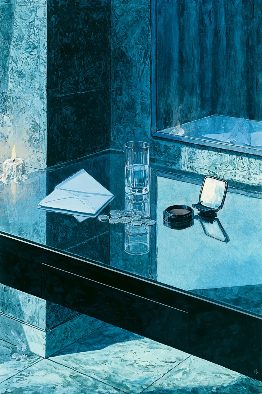 Paramount dressing-room vanity at two in the morning — a white envelope unsealed on the mirrored vanity surface, sixty s