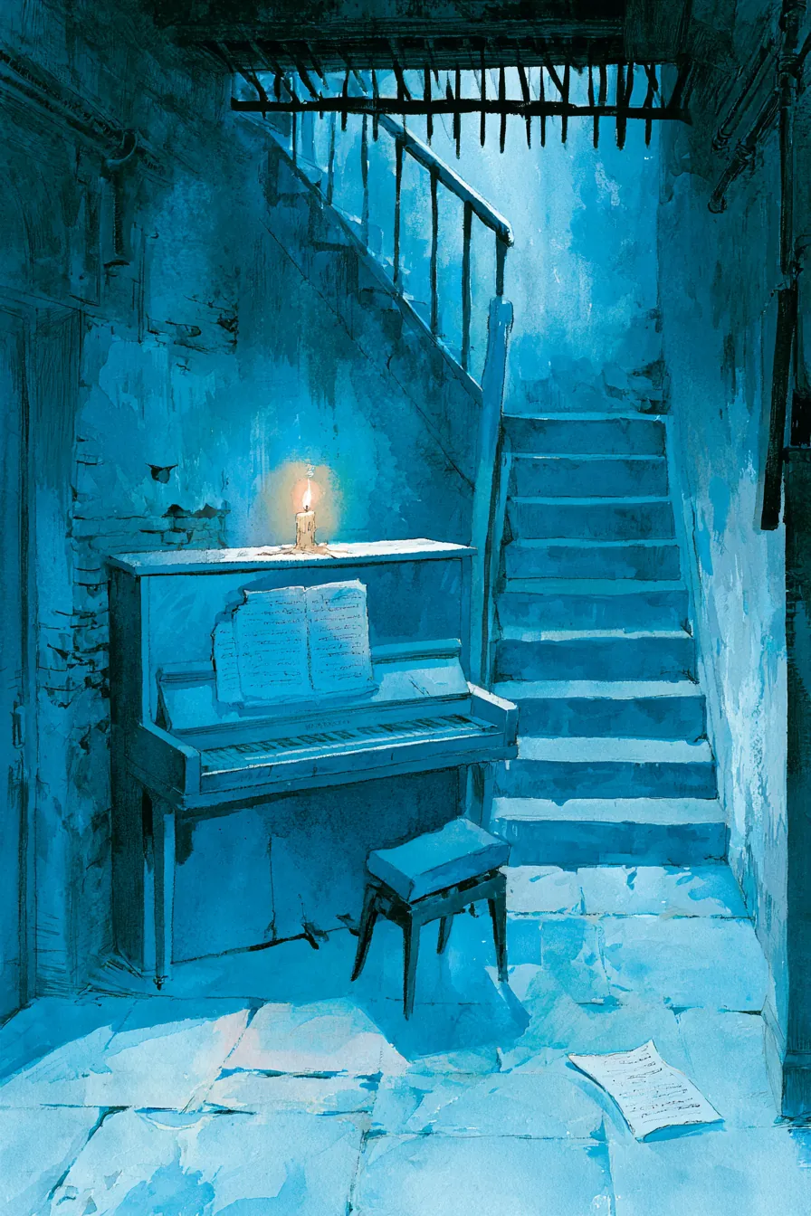 Paramount basement in the last hour of night — a Bechstein upright side-lit by a beeswax stub on the music desk, a handw
