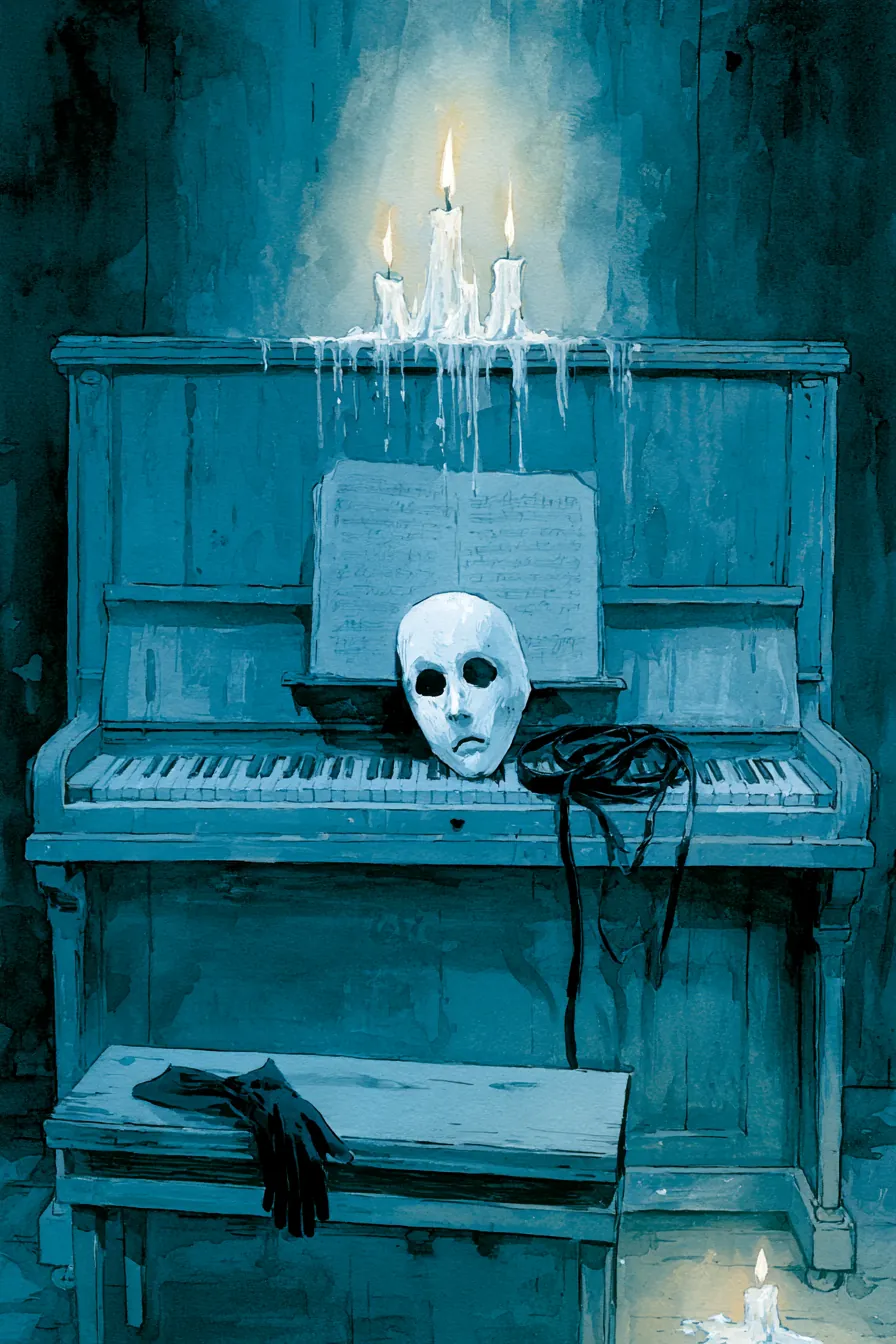 The basement Bechstein upright in candlelight, white porcelain half-mask resting face-up on the music desk over a handwr