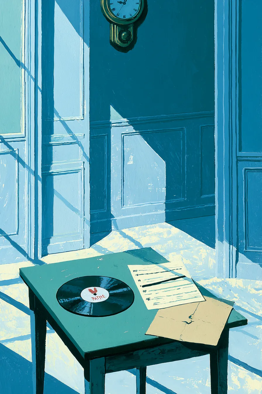Pathé Records anteroom on Avenue du Roi Albert, late January 1937 — a wire transcription disc on a green baize table, th