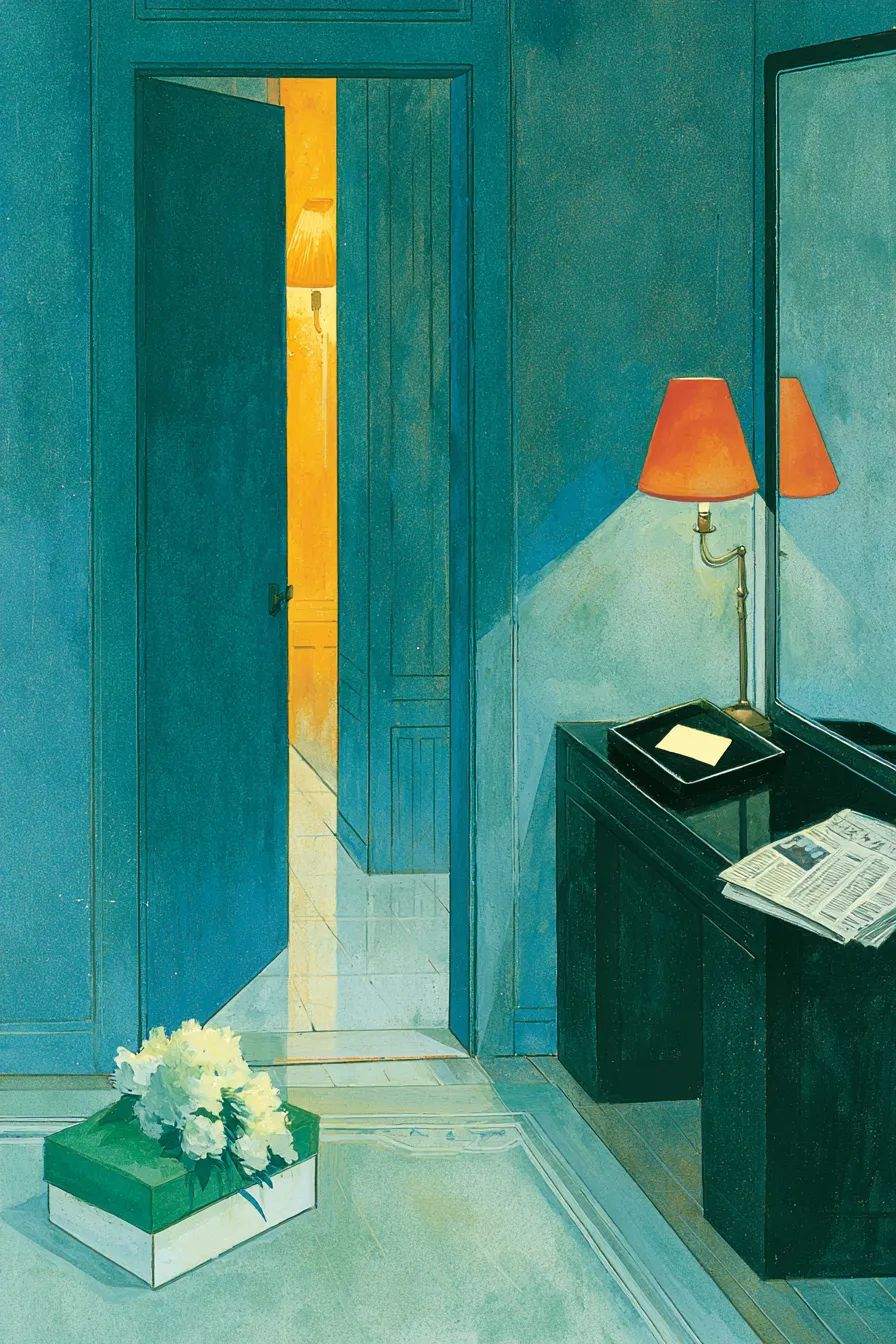 Paramount dressing-room threshold — a green-and-white florist's box set on the carpet at the door's edge, a cream callin