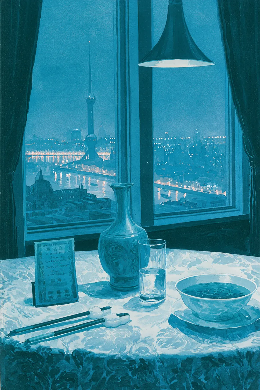 Cathay Hotel ninth-floor dining room at dusk, July 1937 — a Tang-dynasty celadon brush-stand repurposed as a table centr