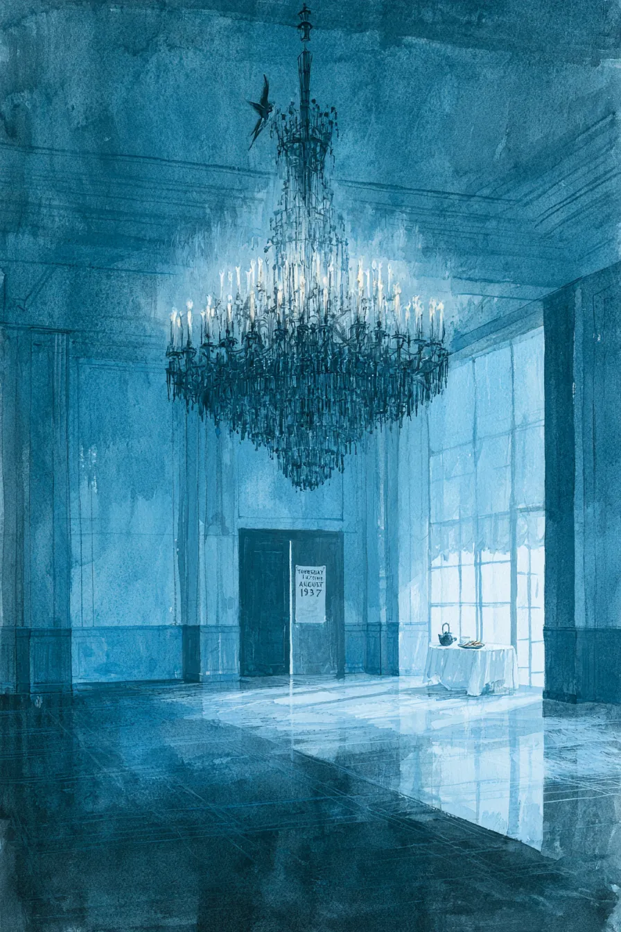 Paramount ballroom at the last Thursday tea dance — rose-setting chandeliers at half-glow above an under-attended floor,