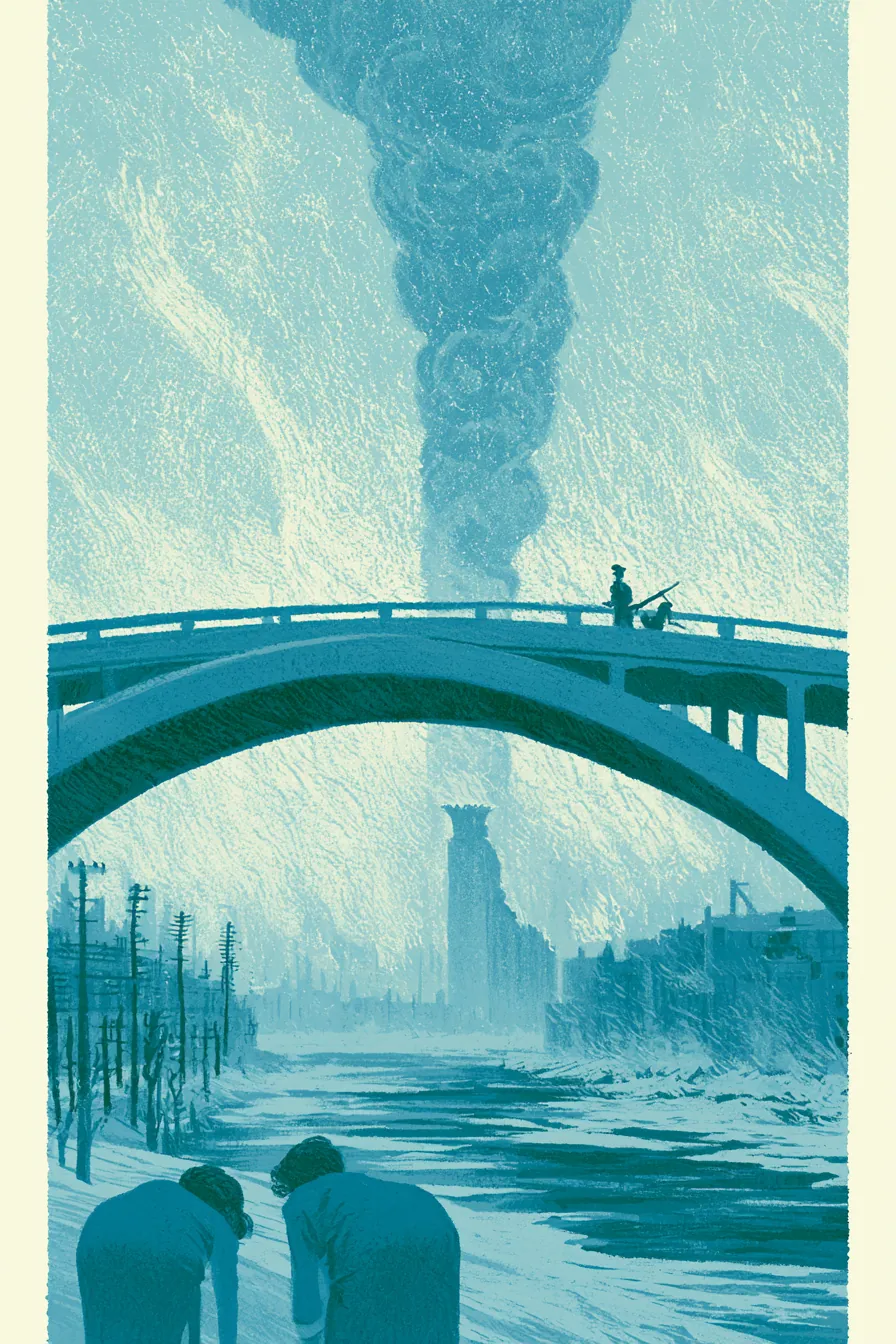 The Garden Bridge at noon under a column of smoke rising over burning Hongkou, the collapsed ninth-floor corner of the C