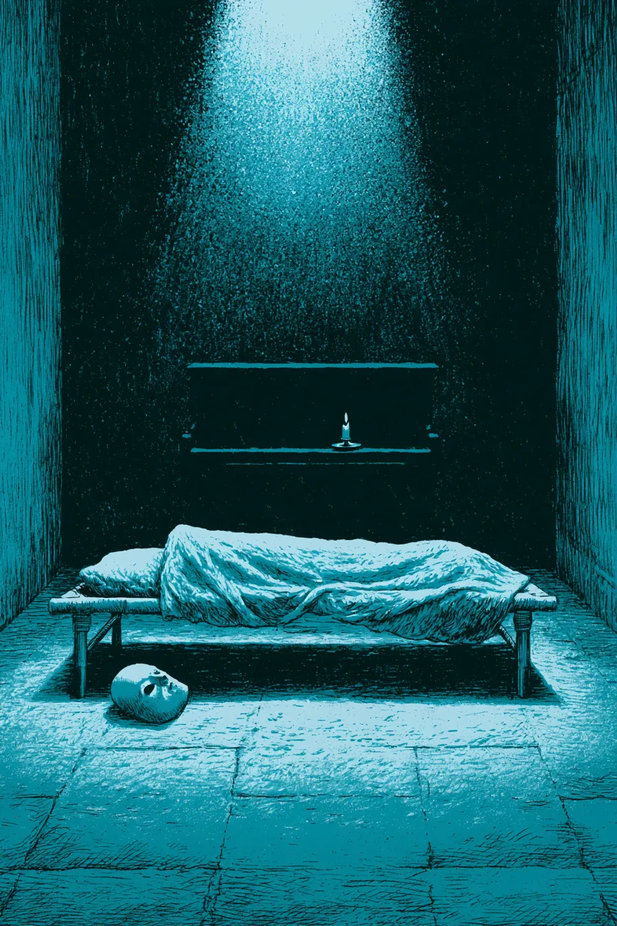 Basement cot at the far end of the vault, August 14 night 1937 — a rumpled wool blanket on a canvas cot, a white porcela