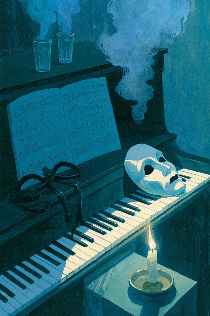 Close interior of the basement, the untied black leather mask-strap laid across an open score of Night Shanghai on the B
