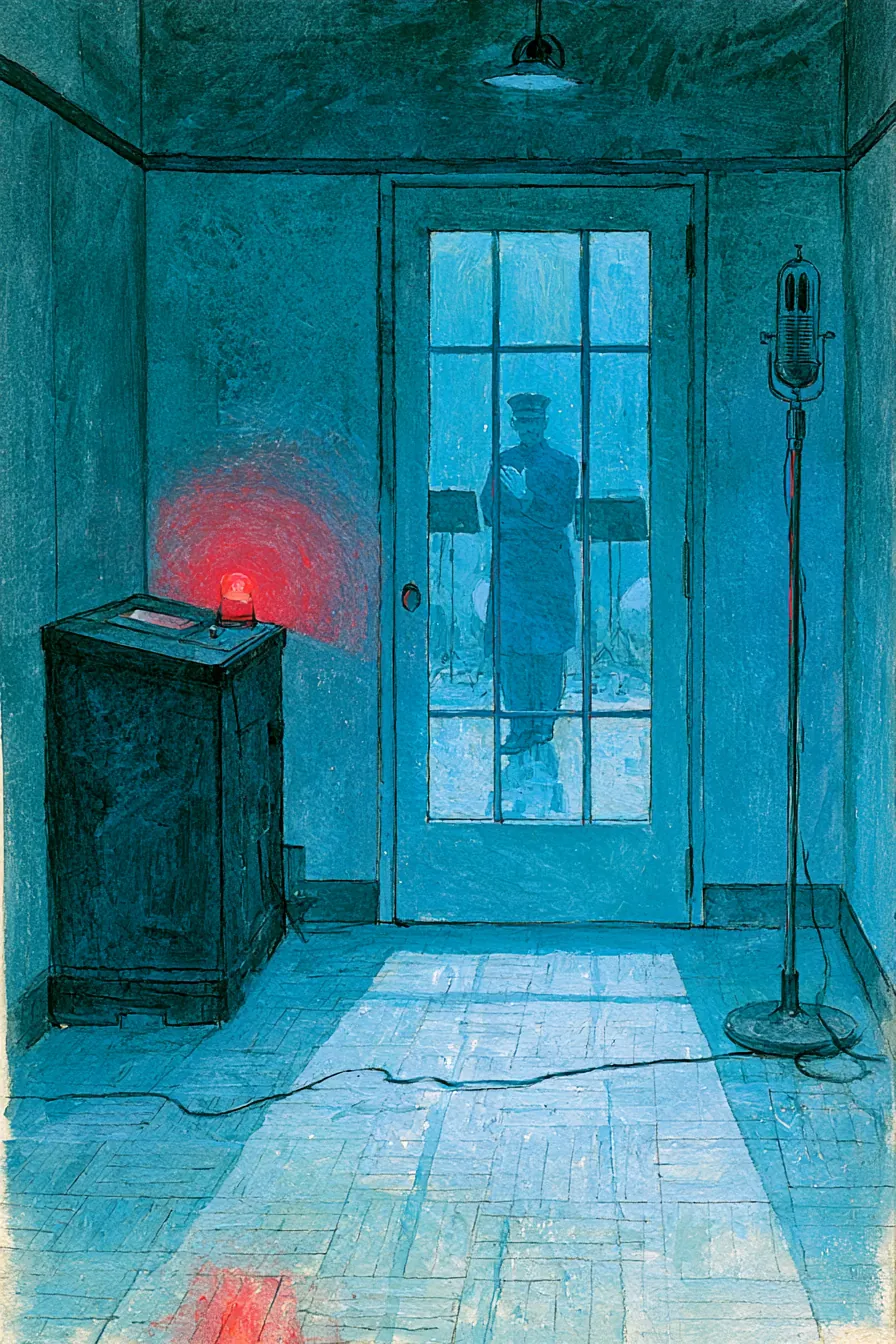 Hongkou Japanese radio station recording room at two minutes to eight, November 1937 — the RCA ribbon microphone on its 