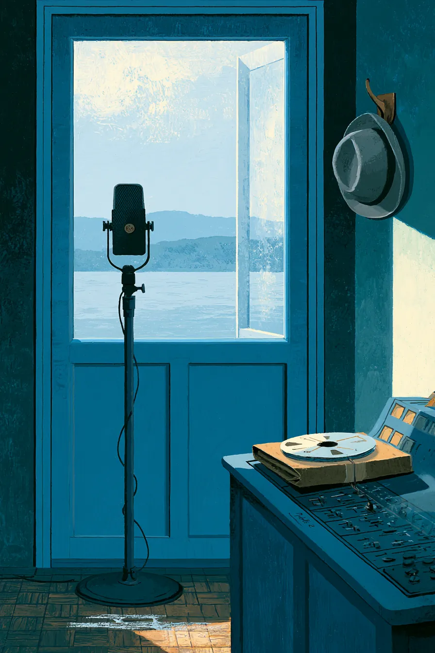 EMI Kowloon control booth at quarter to ten — RCA microphone on its stand behind glass, a chalk mark on the parquet at n
