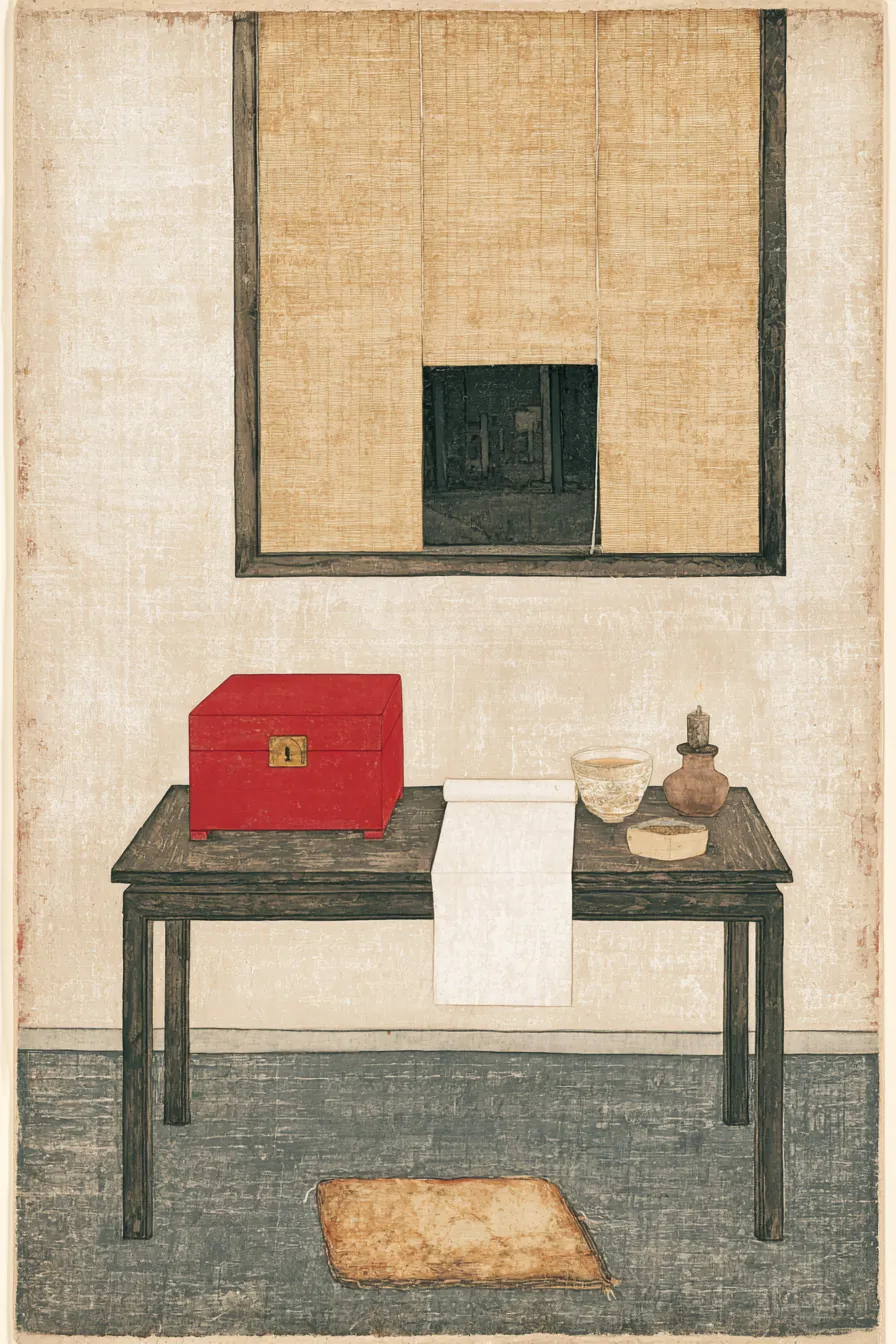 A widow's writing-desk in Yongchong Ward at the third hour after dusk — a lacquered letter-box of vermilion ground with 