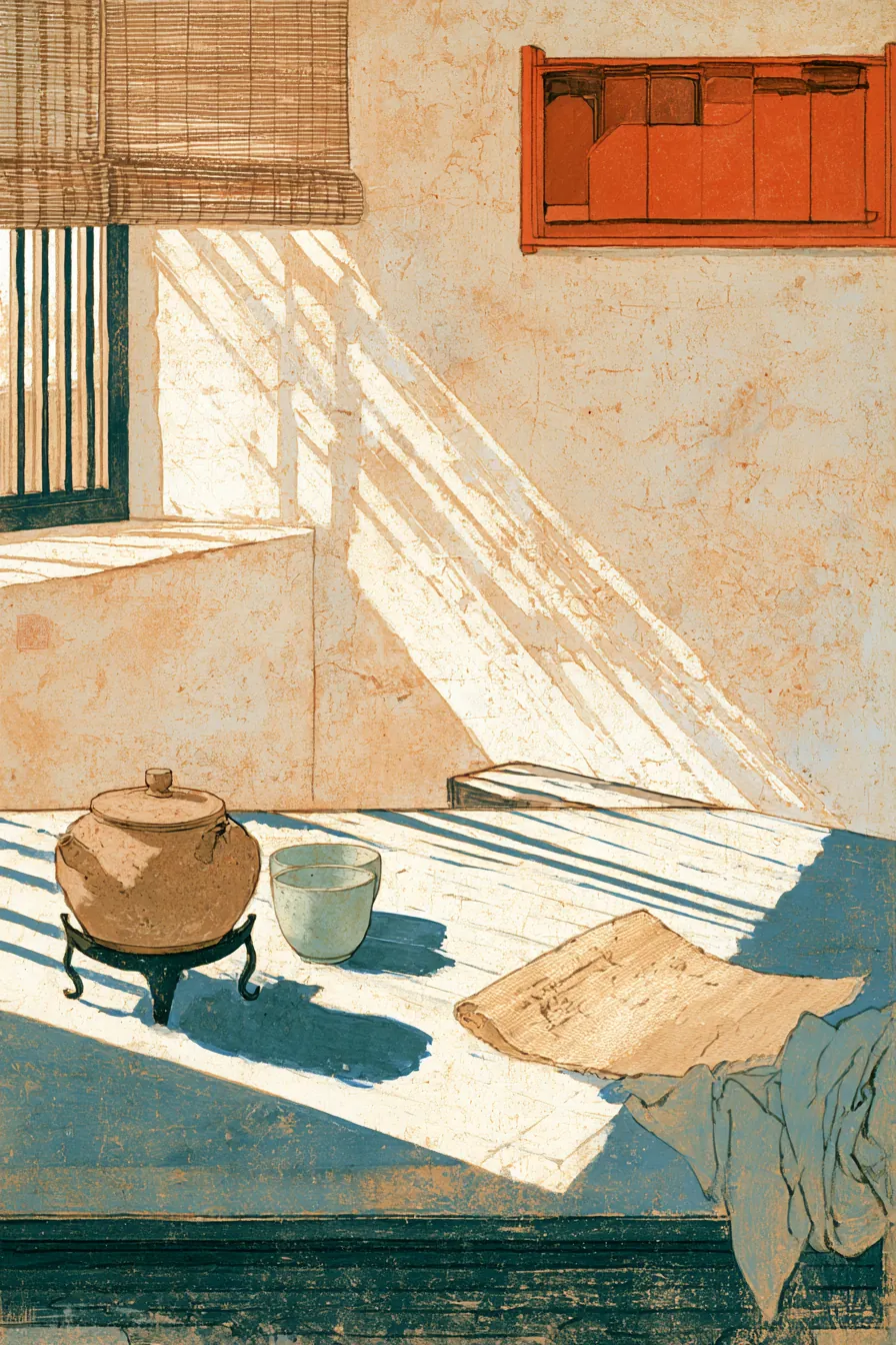 A Censorate tea-house behind the Eastern Market at midday — a plain earthenware pot on a low iron tripod, two unmatched 