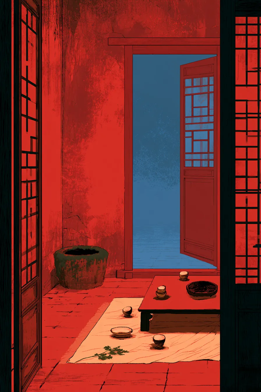 An interior of the sealed An household at the Western Market — a low Sogdian dining-table set for seven, three Han-style