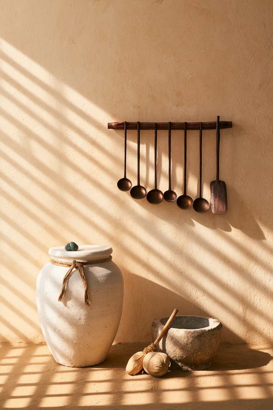 The An household kitchen storeroom at the Western Market — a white ceramic flour-jar with a cracked hemp-cord tie, a sin