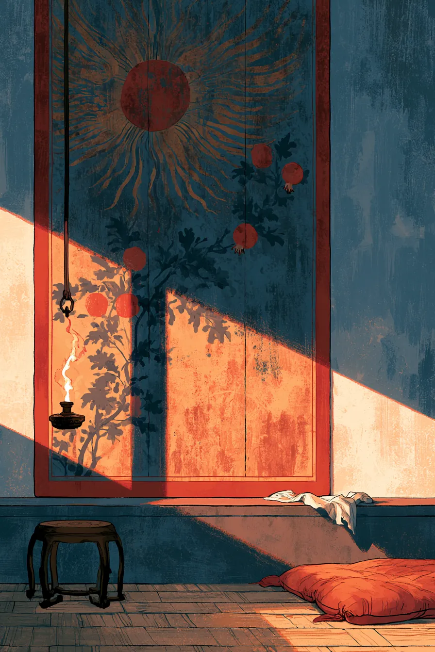 The Bukharan painted screen behind the An-clan widow's apartments at the fire-temple — winged sun-disc and pomegranates 