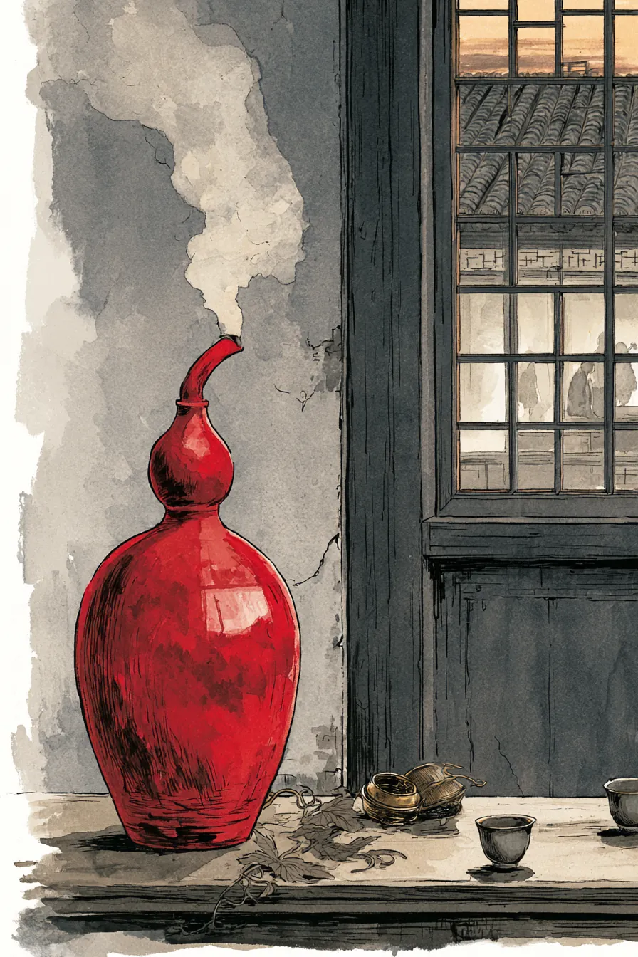 The House of the Cool Vine wineshop at the Western Market — a Sogdian wine-jar of red glaze on a low table, two emptied 