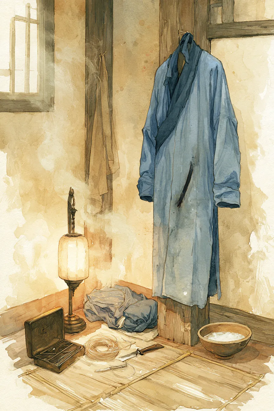A Daoist abbey's inner medicine-room at the third watch — a bronze needle-case open on a tray beside a lamp, a coil of f