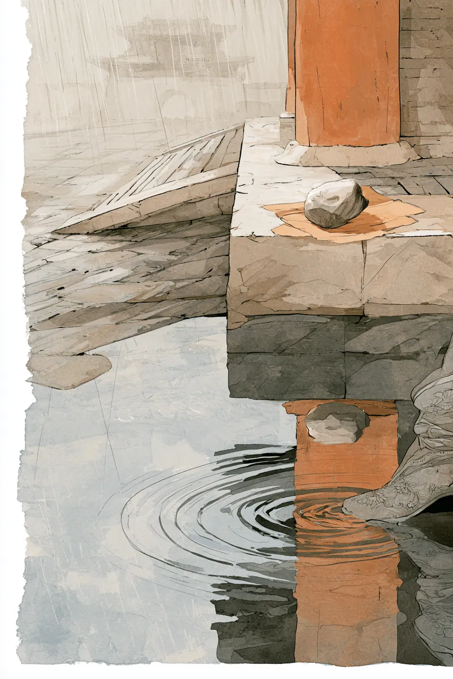 A rain-wet alleyway outside the Censorate at midday — a woman's embroidered boot-sole reflected in a roof-tile puddle, a
