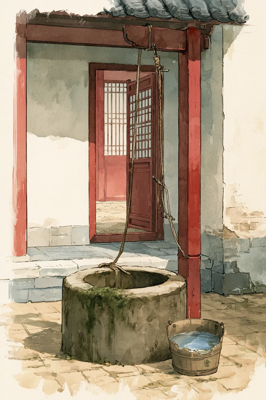 The An household's inner courtyard well at the Western Market — the mossy rim with a fresh rope-scrape, a hemp rope taut
