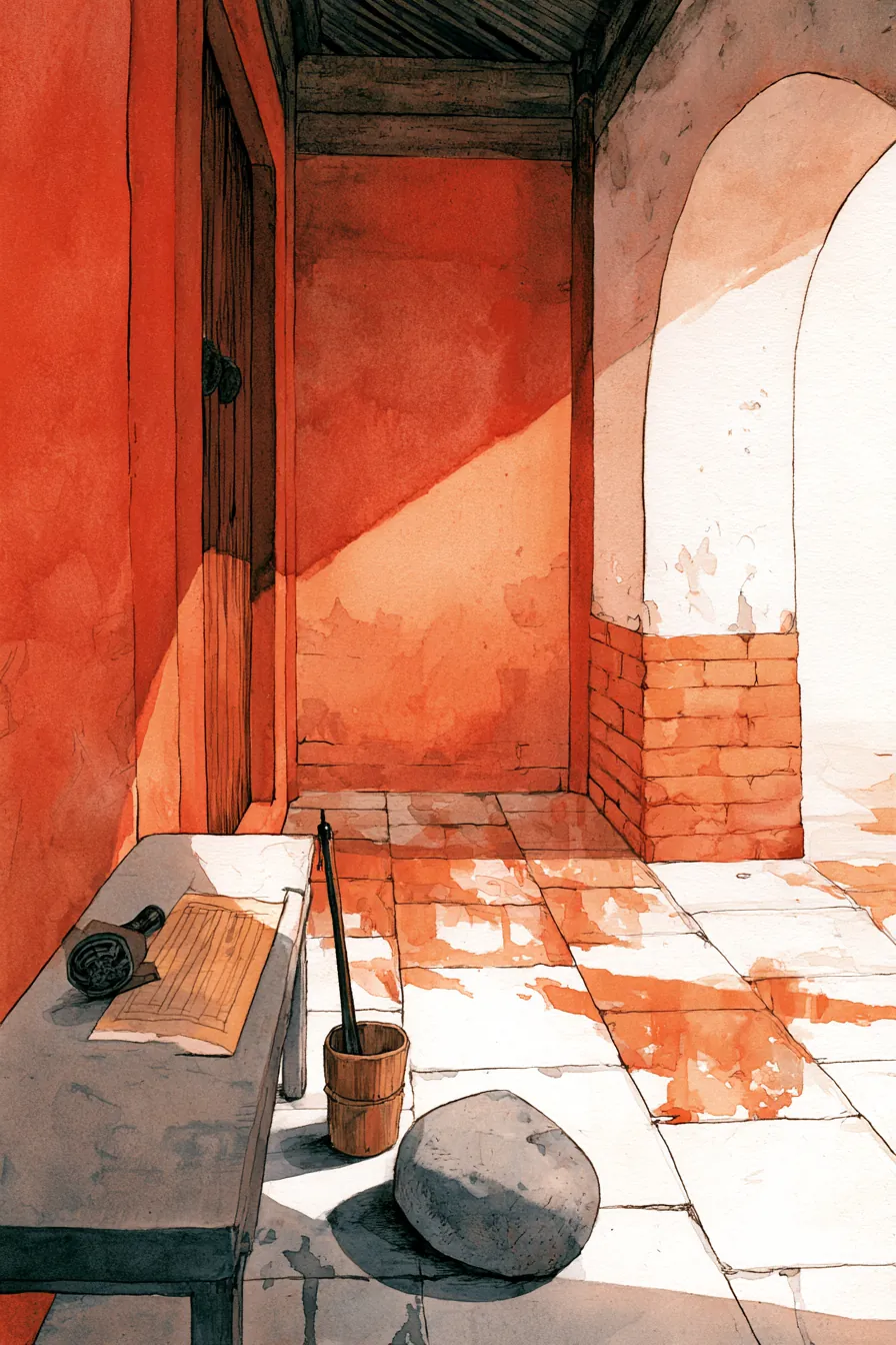 The Censorate's outer-hall corridor at midday — a scrivener's bronze seal-stamp lying face-down on an empty clerk's benc