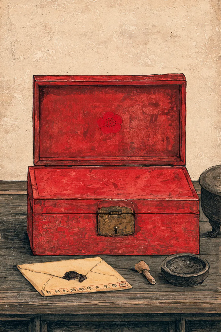 The lacquered letter-box open on the husband's writing-desk, vermilion ground with a single red plum-blossom inset, bras