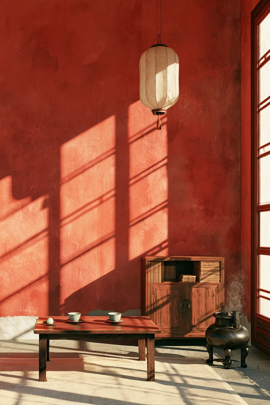 The innermost study of Zhang Cong's Eastern Market compound — a low rosewood tea-table with two identical celadon cups a