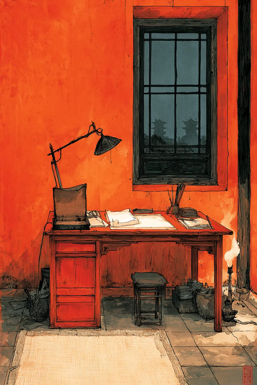The writing-room at the third hour past dusk — the lacquered letter-box closed but unlocked on the desk, a single fresh 
