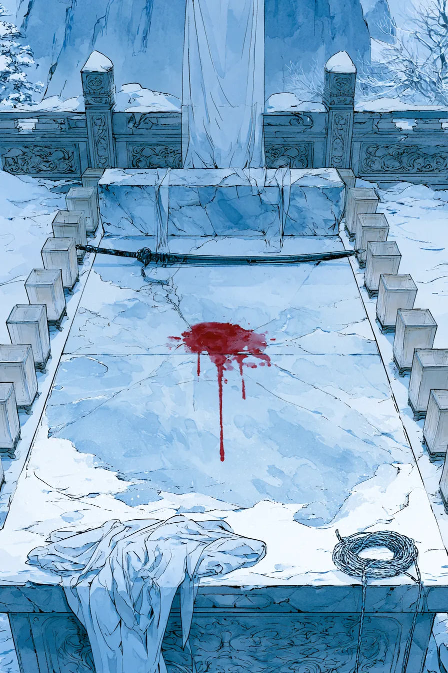 The Cold Jade Peak ancestral altar at dawn — three hundred paper lanterns ringing a white frost-jade dais, snow on the c