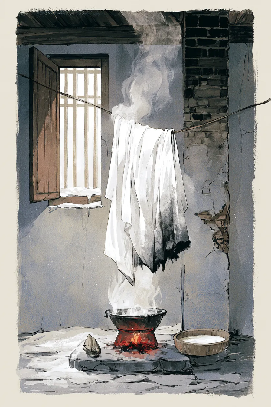 A back-room hearth at the cheapest inn in Drifting Cloud town — a strip of white condemned-robe caught mid-curl over an 