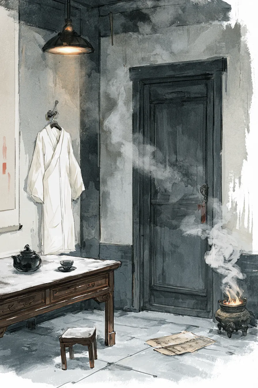The 知客堂 receiving hall of Frost Sword Peak — an empty rosewood judgment table dusted with frost-powder, Pei Shenzhi's ab