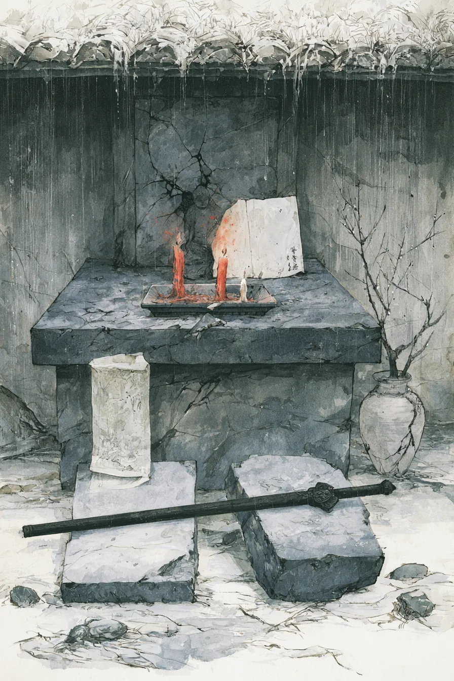 A mountain roadside shrine to a forgotten god — a cracked clay idol on a rain-darkened stone plinth, three cold oil-lamp