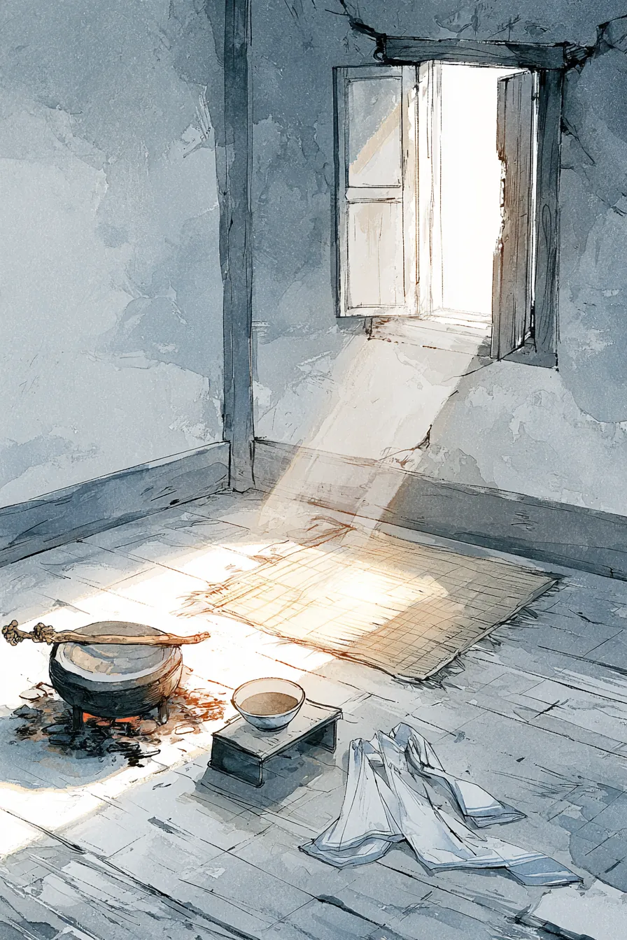 A rented room in a market-town inn on the southern Hills — a small clay brazier with a single spirit-fox cordyceps stalk
