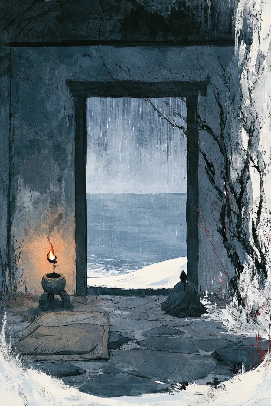 The interior of a mountain roadside shrine at deep night — a single oil lamp guttering low on a three-legged stone stand