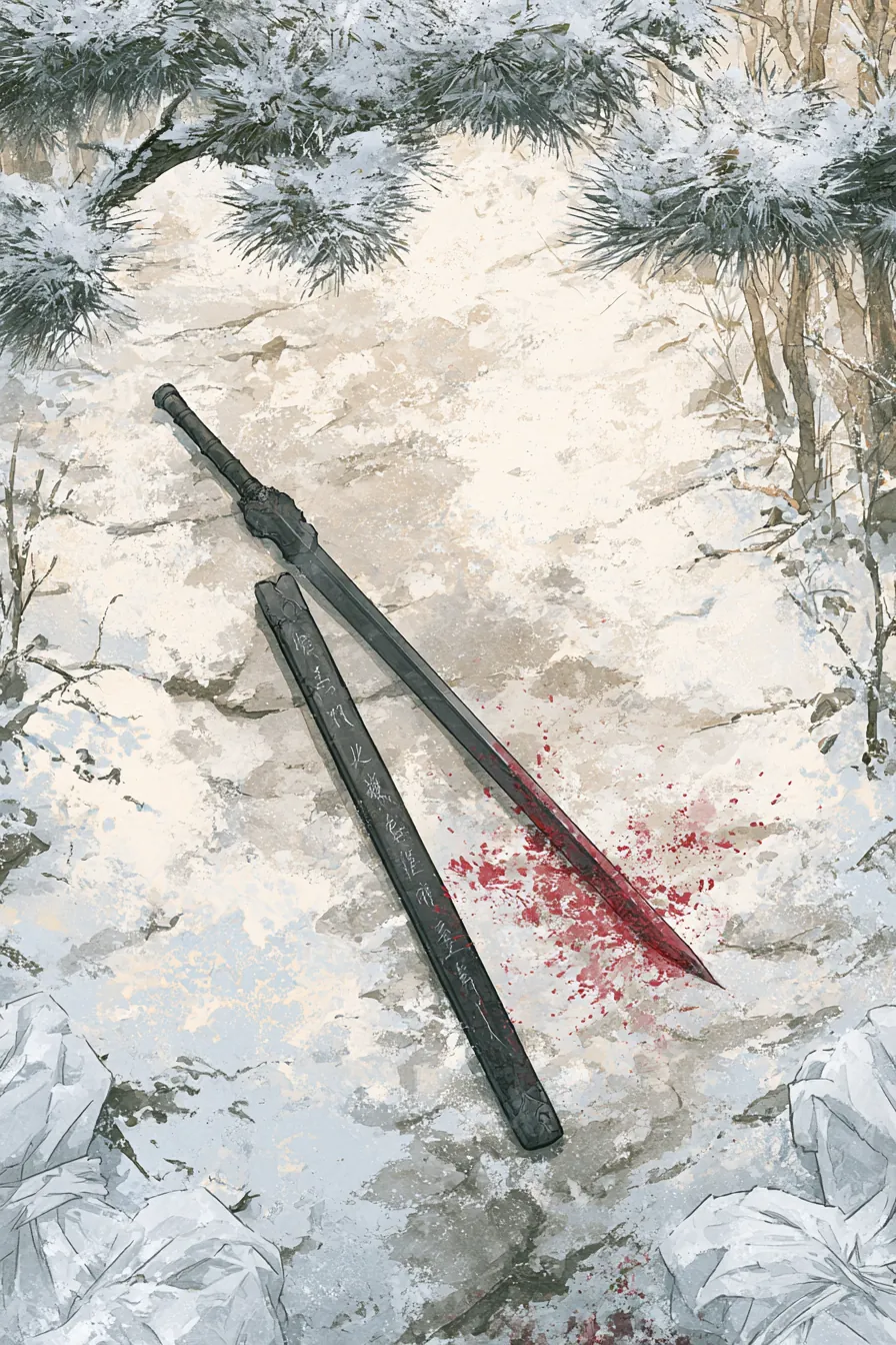 The dull black sword Wuming half-drawn from its lacquer scabbard on a forest-road stone, silver script blooming faintly 