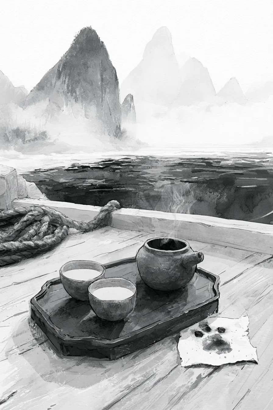 The stern deck of a cargo raft on the Li River at second watch — a lacquered traveling tray bearing two river-clay cups 