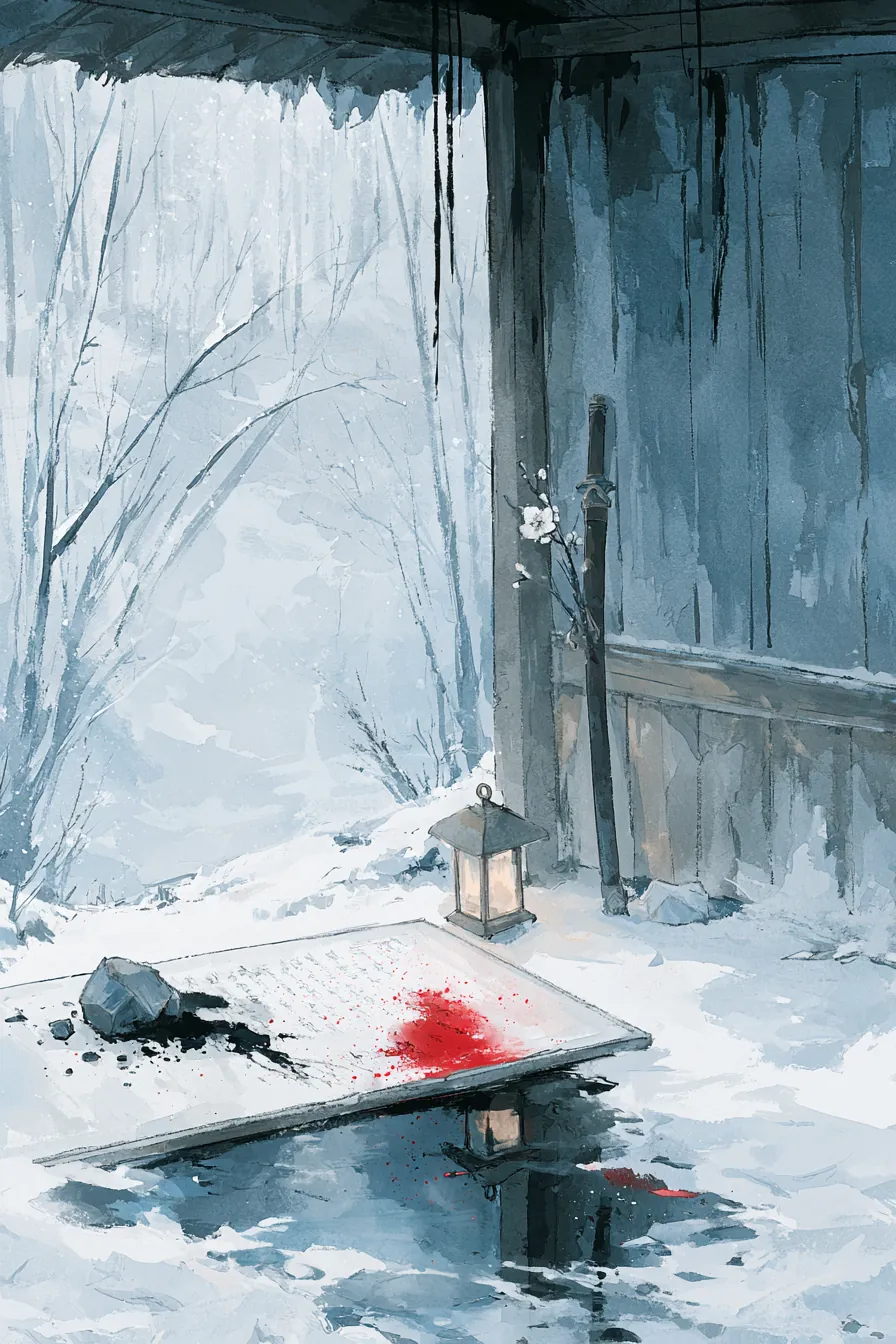 A roadside ink-stall on the mid-river road south — a crushed inkstone split across a traveler's writing board, black ink