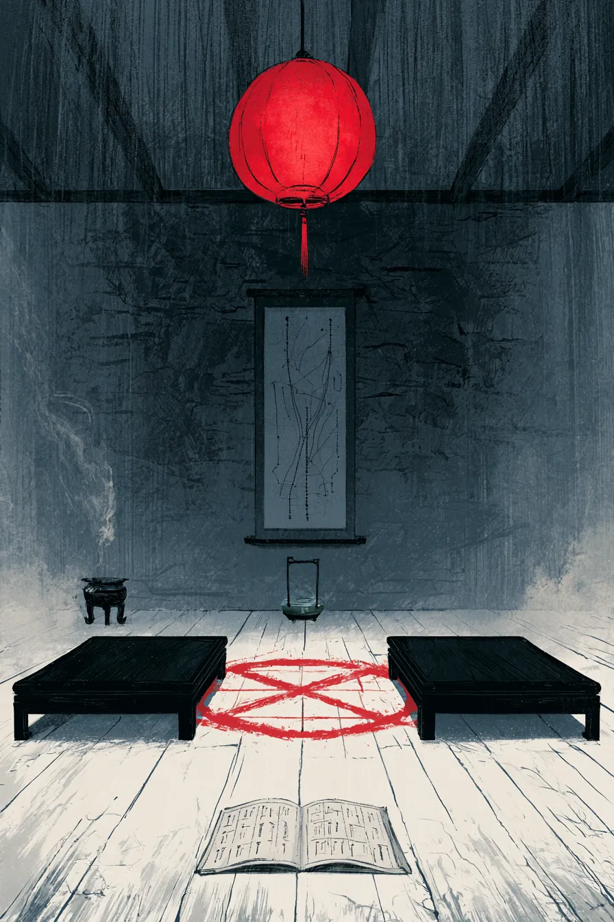 The meridian-training chamber of Mo Yexing's borderland healing hall — two black lacquer meditation mats facing each oth