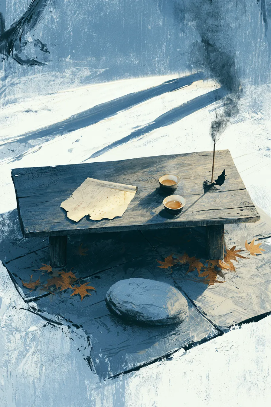 The eastern garden of the Blood Lotus healing hall at dusk — a low cedarwood garden table bearing two cups of pear wine,