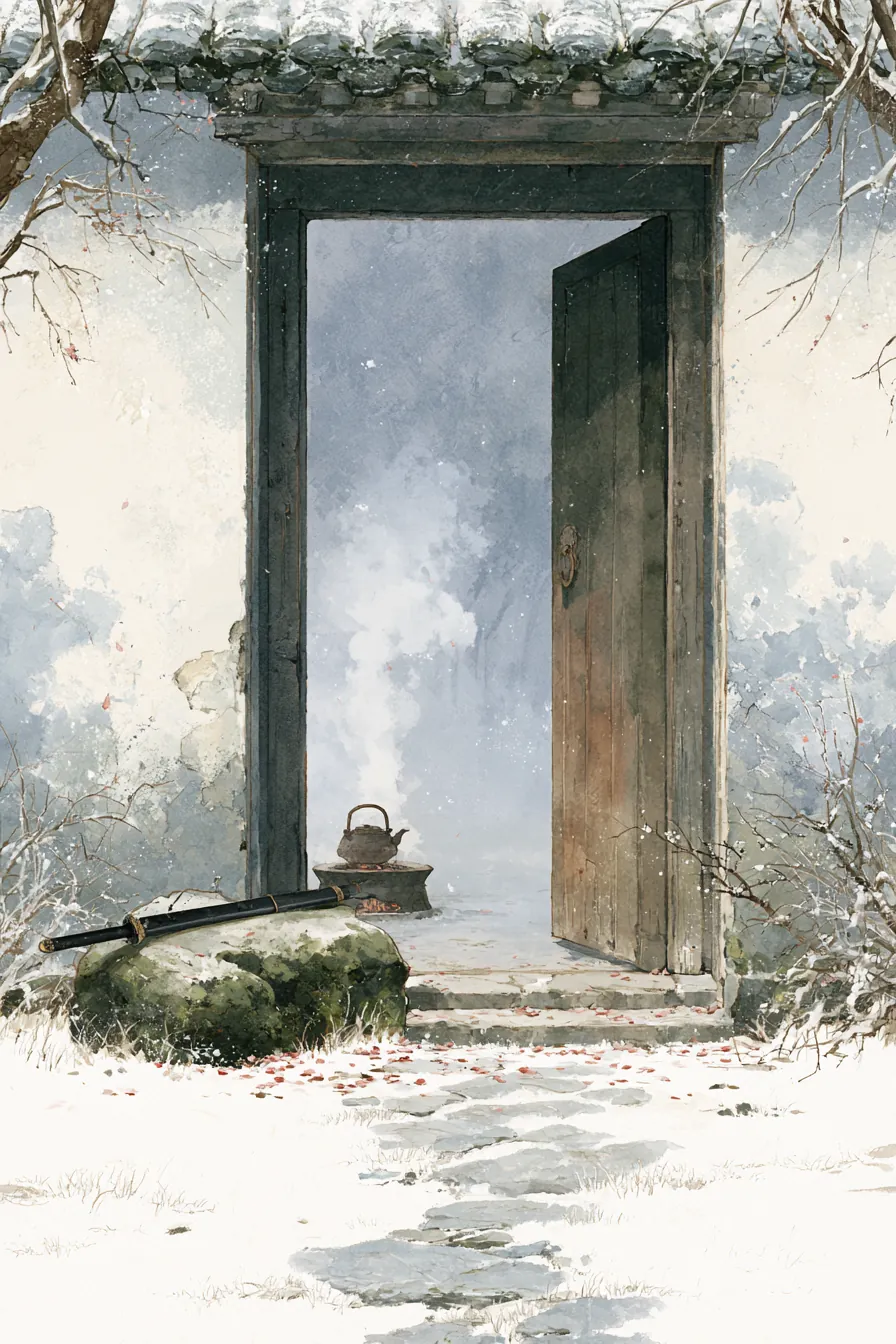 Inn courtyard at dawn after Pei Shenzhi's arrival: black sword Frost-Rime laid horizontally on a moss-covered stone outs