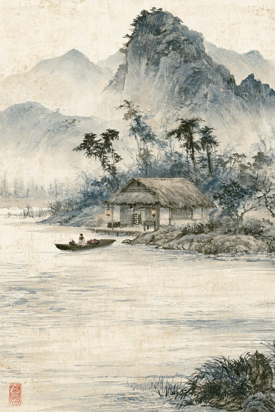 A boatman's hut at the edge of the Blood Lotus Marsh — a single peach pit on a folded clean cloth beside a lacquered tra