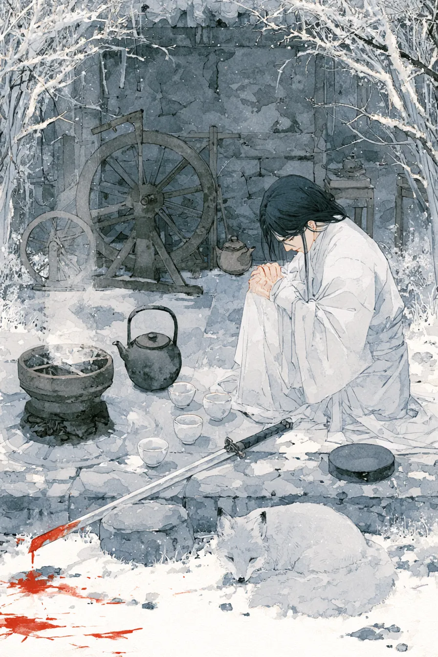 Dawn at the inner-courtyard kitchen step of the Blood Lotus healing hall — Frost-Rime laid palm-flat across a kneeling w