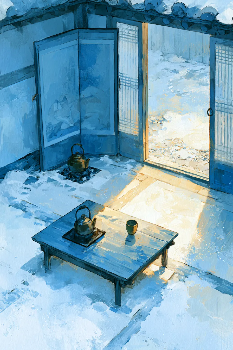 2026, Bukchon hanok anbang at 3 p.m. snow-light: low pine table from above, a single brass cup on one side and a single 
